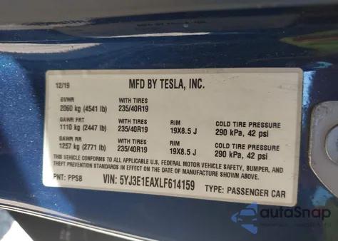 2020 Tesla Model 3 from USA, damaged, VIN 5YJ3E1EAXLF614159